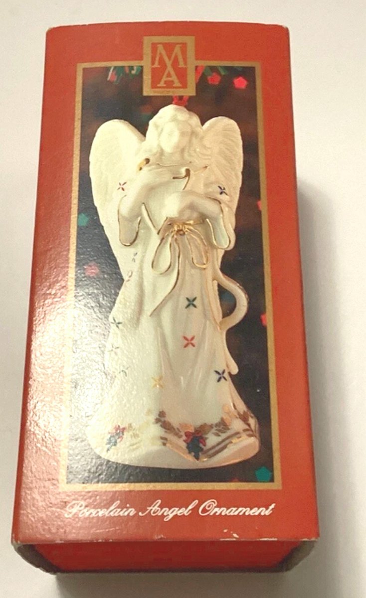 Vintage Set 2000 Madison Avenue Porcelain Two Angels Christmas Ornament In Keepsake Box