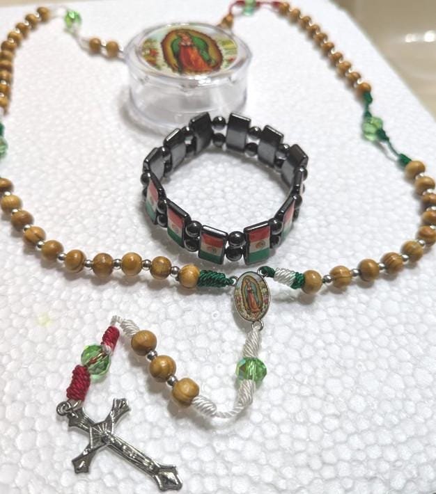 Virgen Guadalupe Rosary Set: Handmade Catholic Bracelet, Mexican Flag Case, Empress of the Americas