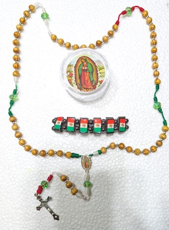 Virgen Guadalupe Rosary Set: Handmade Catholic Bracelet, Mexican Flag Case, Empress of the Americas