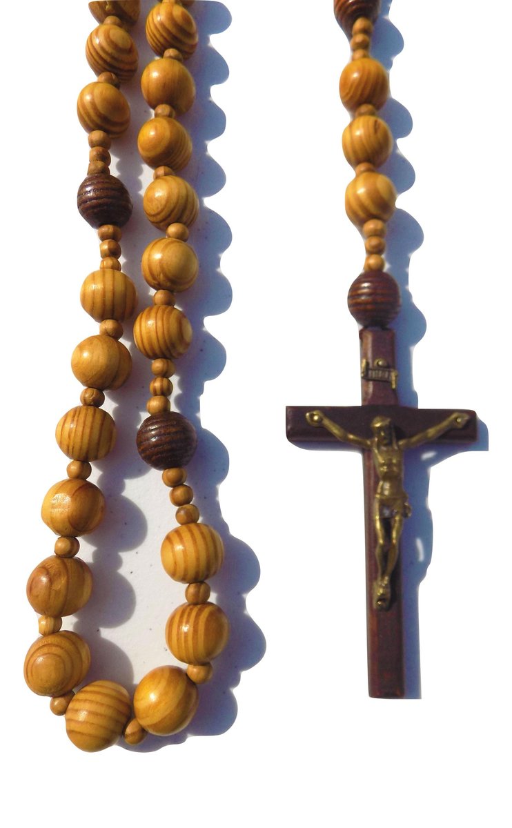 Large Handmade Wood Rosary, Natural Beads, Jesus Cross Wall Hanging