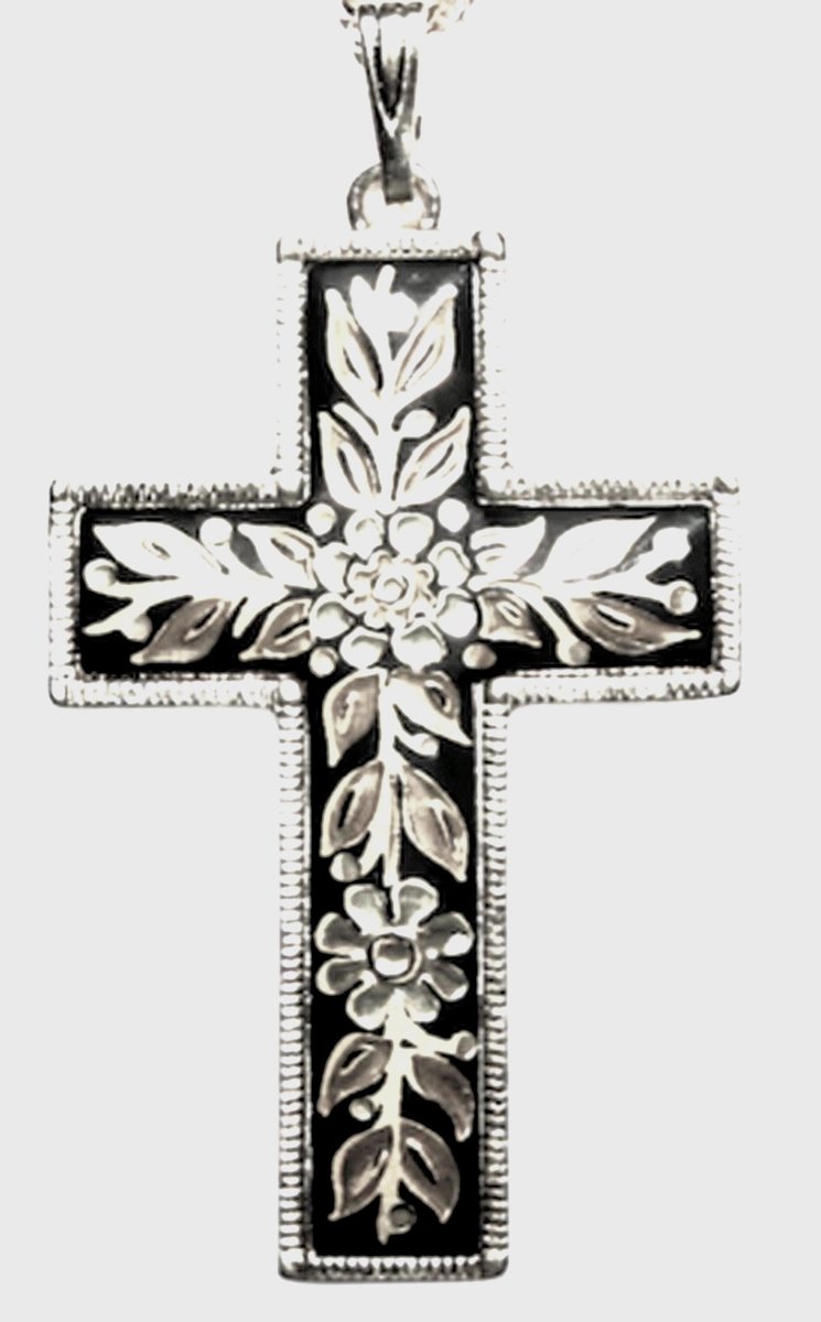 Vintage 1960s Toledo Damascene Cross Pendant – Silver Filled Floral Design