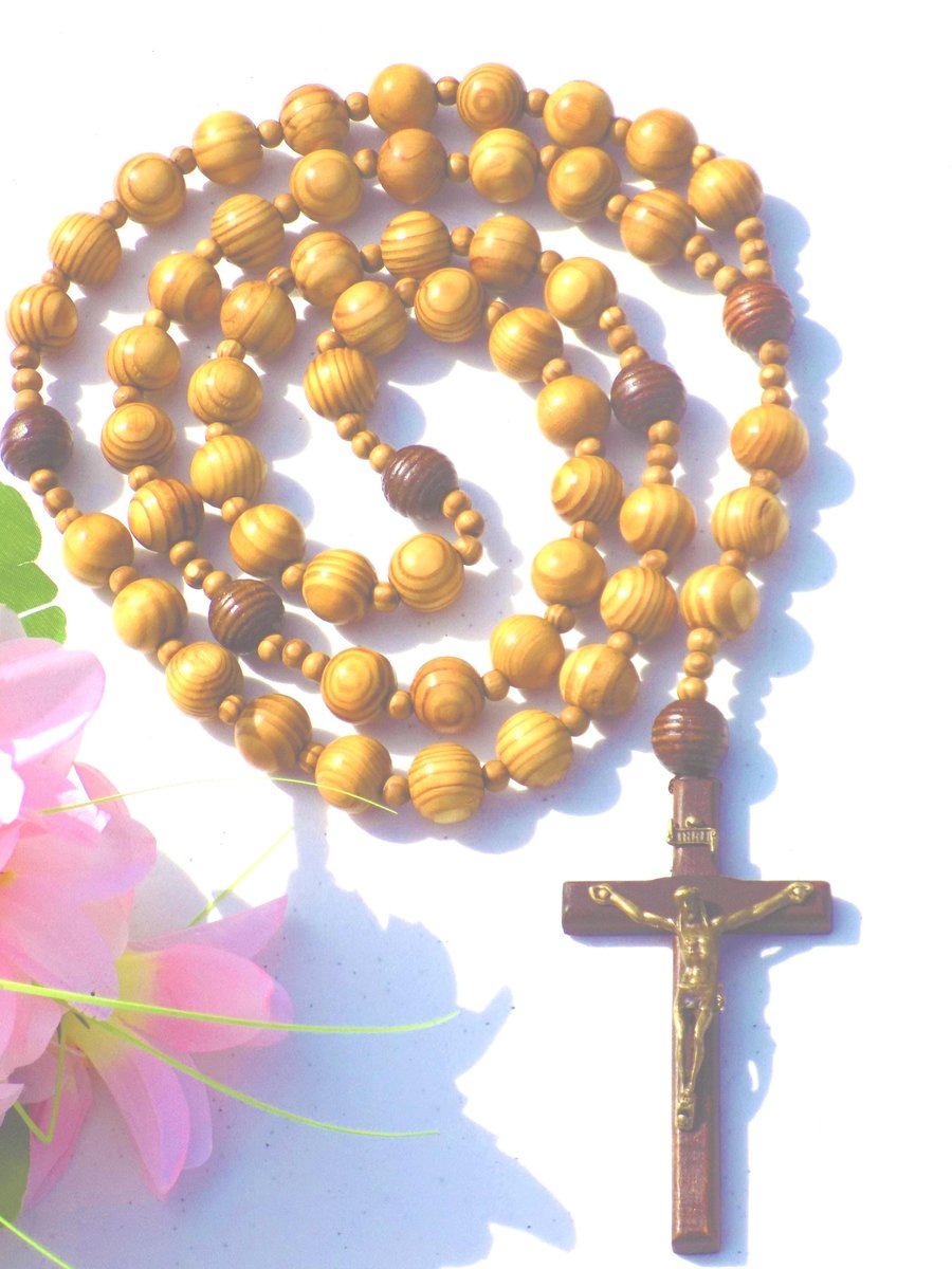 Large Handmade Wood Rosary, Natural Beads, Jesus Cross Wall Hanging