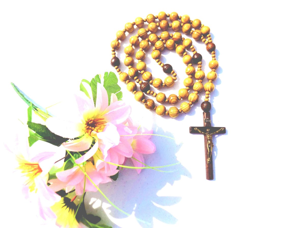 Large Handmade Wood Rosary, Natural Beads, Jesus Cross Wall Hanging