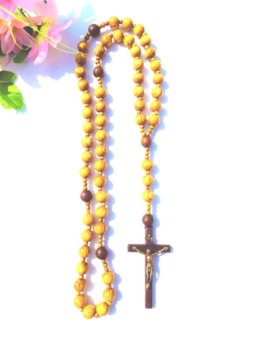 Large Handmade Wood Rosary, Natural Beads, Jesus Cross Wall Hanging