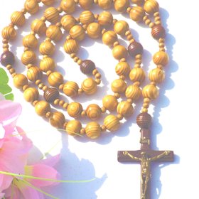 Large Handmade Wood Rosary, Natural Beads, Jesus Cross Wall Hanging